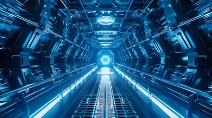 青い色の輝く未来的なトンネル - obrazy, fototapety, plakaty