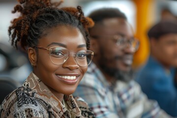 Obraz premium A young African American woman smiling confidently with family in the background, showing warmth and unity