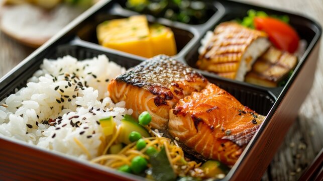 A colorful bento box filled with compartments of Japanese comfort food: grilled salmon, fluffy white rice, pickled vegetables, and a small tamagoyaki  