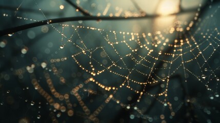 A delicate abstract with thin steel wires woven into a web-like pattern, adorned with tiny dewdrops glistening in the morning light. - obrazy, fototapety, plakaty