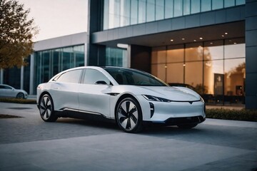 Fototapeta na wymiar Futuristic EV car in front of a modern building with copy space.