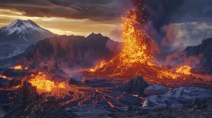 A dramatic 3D rendering of a volcanic eruption, capturing the power and fury of molten lava spewing from the Earth's core.