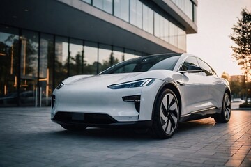 Futuristic EV car in front of a modern building with copy space.