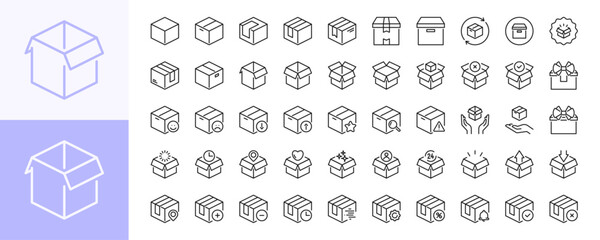 Delivery box, package 50 line icons. Packing box sign, symbol. Isolated on a white background. Pixel perfect. Editable stroke. 64x64.