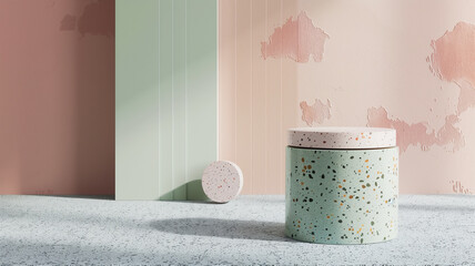 close up, product pedestal, 3D Render, Terrazzo and mid pastel color palette , Minimal mockup studio background for product presentation. sets of pastel color Terrazzo marble texture. 