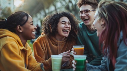 Obraz premium Cheerful Young Friends Enjoying Coffee Outdoors in Autumn