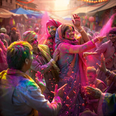 Joyful chaos erupts in vibrant colors as friends celebrate Holi in India.