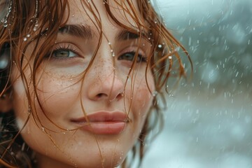Elegant portrait of a smiling woman with rain on her hair, emphasizing a sense of freedom and joy amidst nature