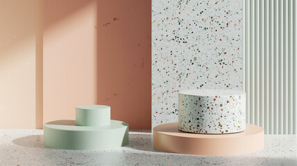close up, product pedestal, 3D Render, Terrazzo and mid pastel color palette , Minimal mockup studio background for product presentation. sets of pastel color Terrazzo marble texture. 