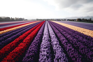 Colorful tulip fields under a bright spring sky, rows of vibrant colors stretching into the distance