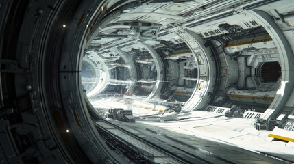 A futuristic scene with a massive laser cutter slicing through a thick spaceship hull, preparing for repairs or modifications.