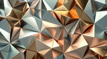 Fototapeta premium A geometric abstract background with overlapping metallic triangles in gold, silver, and rose gold.