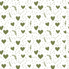 seamless pattern of simple, handdrawn hearts in olive green