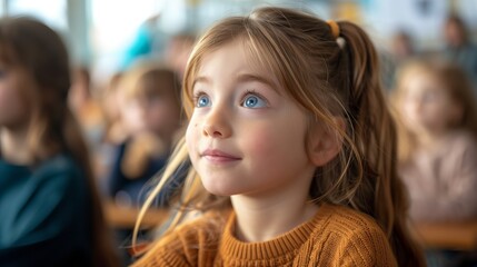 Portrait of a young child in a classroom eager to learn