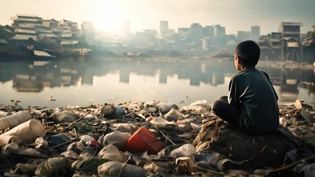 A child looking at a lot of plastic waste in the water. Children and environmental problems, Children and garbage