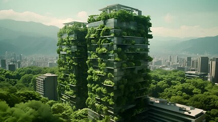 Modern minimalist eco friendly building with large windows, full of trees and plants, green concept, Eco-friendly building modern city sustainable glass building Ecology concept Office building	