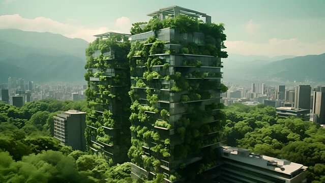 Modern minimalist eco friendly building with large windows, full of trees and plants, green concept, Eco-friendly building modern city sustainable glass building Ecology concept Office building	