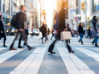 business people crossing the street at at a large intersection, blurred motion