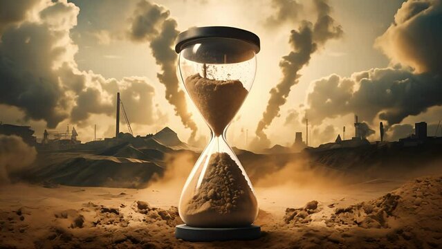 Hourglass on a sandy ground against a smoking factory backdrop, symbolizing the urgent fight against climate change	