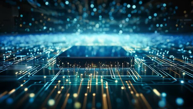 Circuit cyberspace design created, technology, processor chip, tech environment, blockchain. Circuit board provides access control and fingerprint security for cybersecurity	