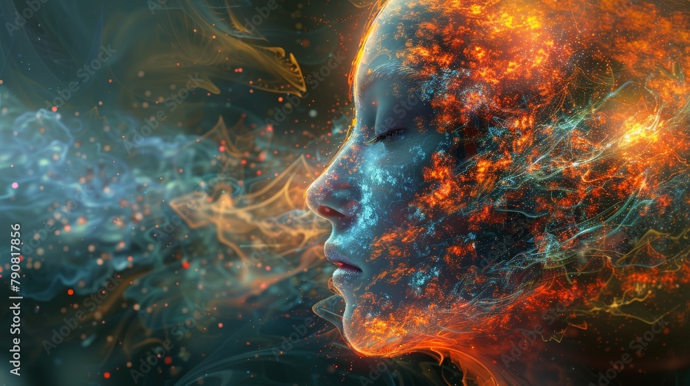 Poster abstract portrayal of human cognition intertwined with the complexities of digital connectivity.