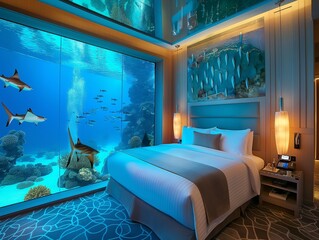 luxury hotel room with a glass ceiling overlooking the pool above the bed with lots of stingray fish swimming