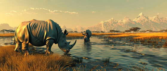 Rhino grazing in savannah, 3D vector format - obrazy, fototapety, plakaty