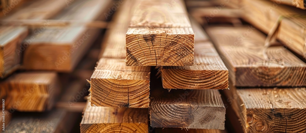 Poster a close up of a heap of timber stacked on top of a pile of lumber