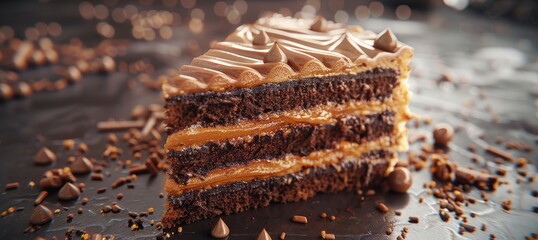 A hyperrealistic 3D close-up of a delicious slice of cake, with a rich frosting and mouthwatering details. - obrazy, fototapety, plakaty