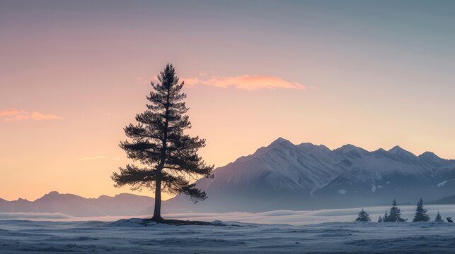 A majestic lone pine tree silhouetted against a backdrop of snow-capped mountains during a vibrant winter sunrise.