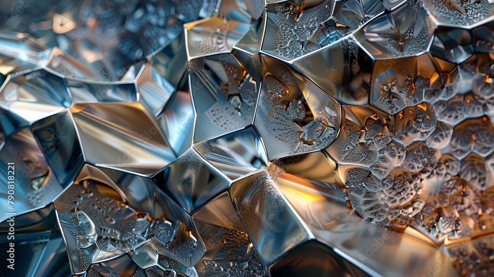 Poster a microscopic abstract of the crystalline structure of steel, showcasing its intricate geometric pat