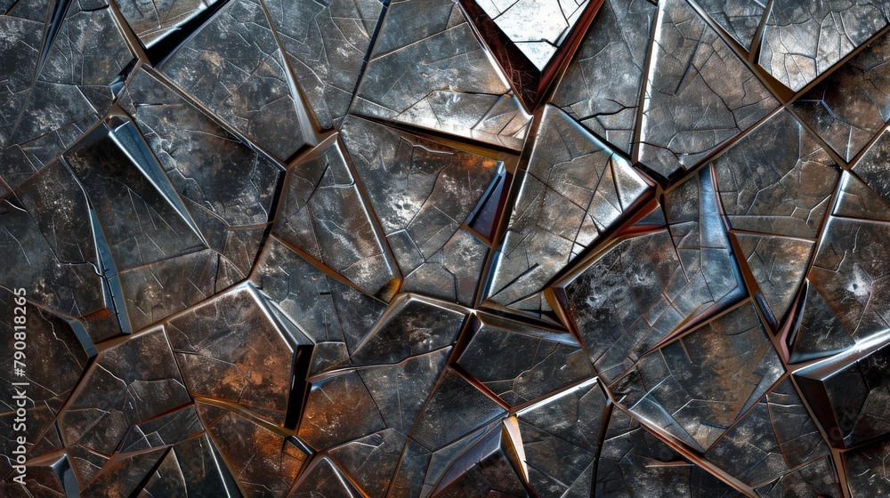 Poster a microscopic abstract of the crystalline structure of steel, showcasing its intricate geometric pat