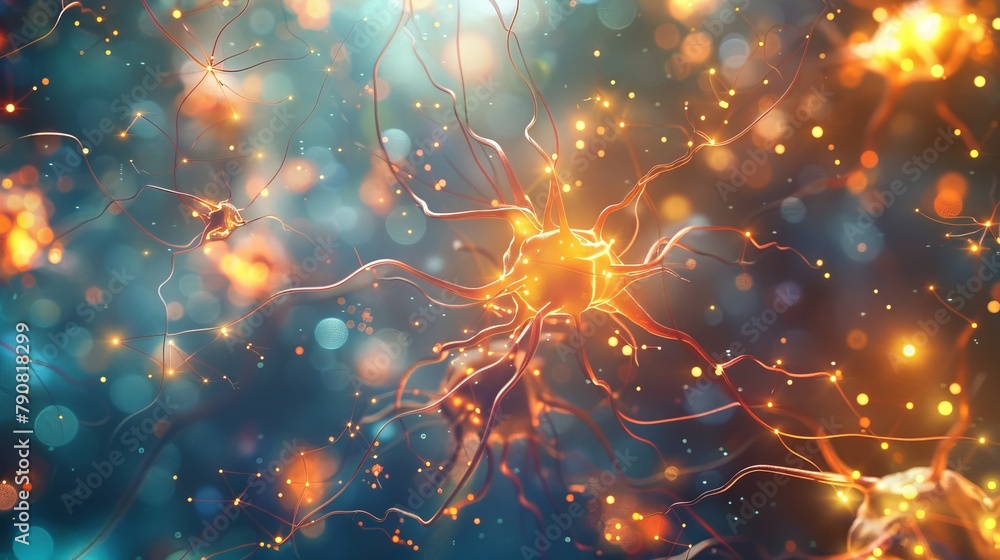 Poster a microscopic view of neurons firing electrical impulses, creating a dazzling display of light and c