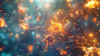 A microscopic view of neurons firing electrical impulses, creating a dazzling display of light and color, representing the biological basis of thought. - obrazy, fototapety, plakaty