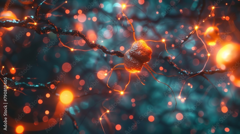 Poster a microscopic view of neurons firing electrical impulses, creating a dazzling display of light and c