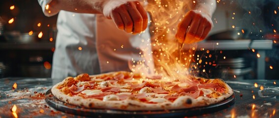 Close-Up View of Pizza Being Made by a Chef in a Fast Food Restaurant - obrazy, fototapety, plakaty