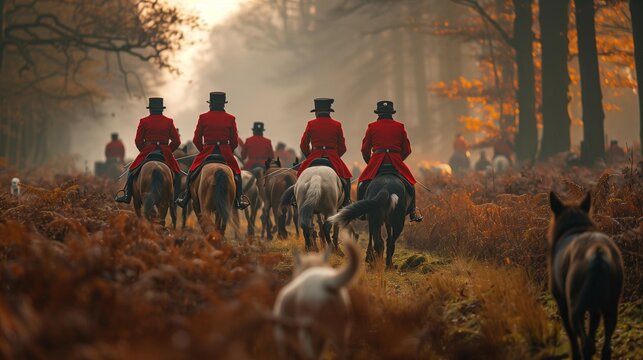 Traditional English Fox Hunt at Sunrise, generative ai