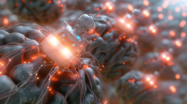 Futuristic Robot Exploring a Bioluminescent Alien Terrain 