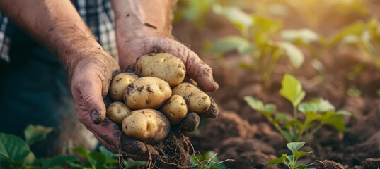 Farmer's Hands Holding Freshly Harvested Potatoes in Green Field Background