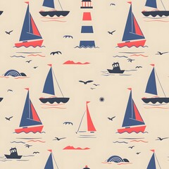 seamless pattern of small sailboats and lighthouse