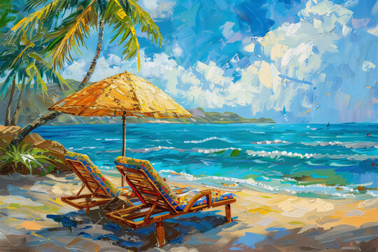 Sun loungers and umbrella on a tropical beach against the backdrop of a picturesque tropical landscape with the ocean at sunny hot day