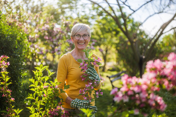 Happy senior woman enjoys looking at flowers in her garden. - 790818820