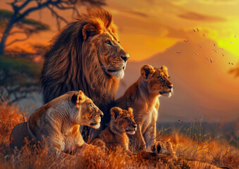 Lion family at sunset