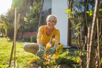 Happy senior woman gardening. She is pruning plants.