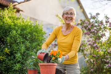 Happy senior woman gardening in her yard. She is planting flowers. - 790819413