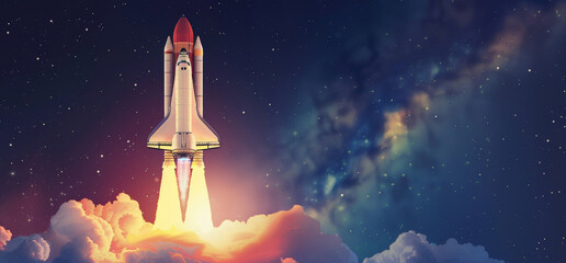 Space Shuttle Launch Against Dark Blue Background with Copy Space - obrazy, fototapety, plakaty