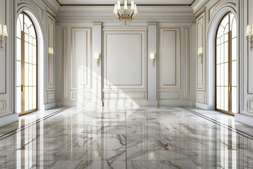 A large luxury room background with beautiful walls and a marble floor