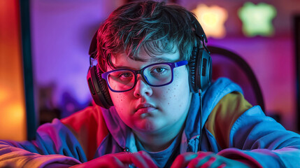 A sad obese young boy wearing glasses and headphones playing a video game addiction social problems