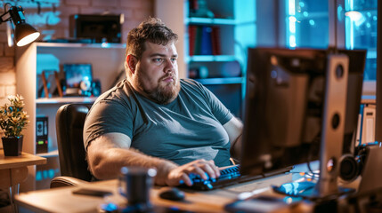 A extreme obese man sitting at a desk with a computer monitor in front of him addiction social problems