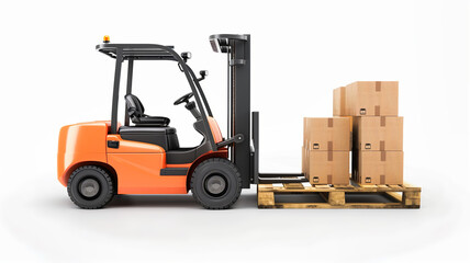 A orange forklift lifting a pallet of boxes
